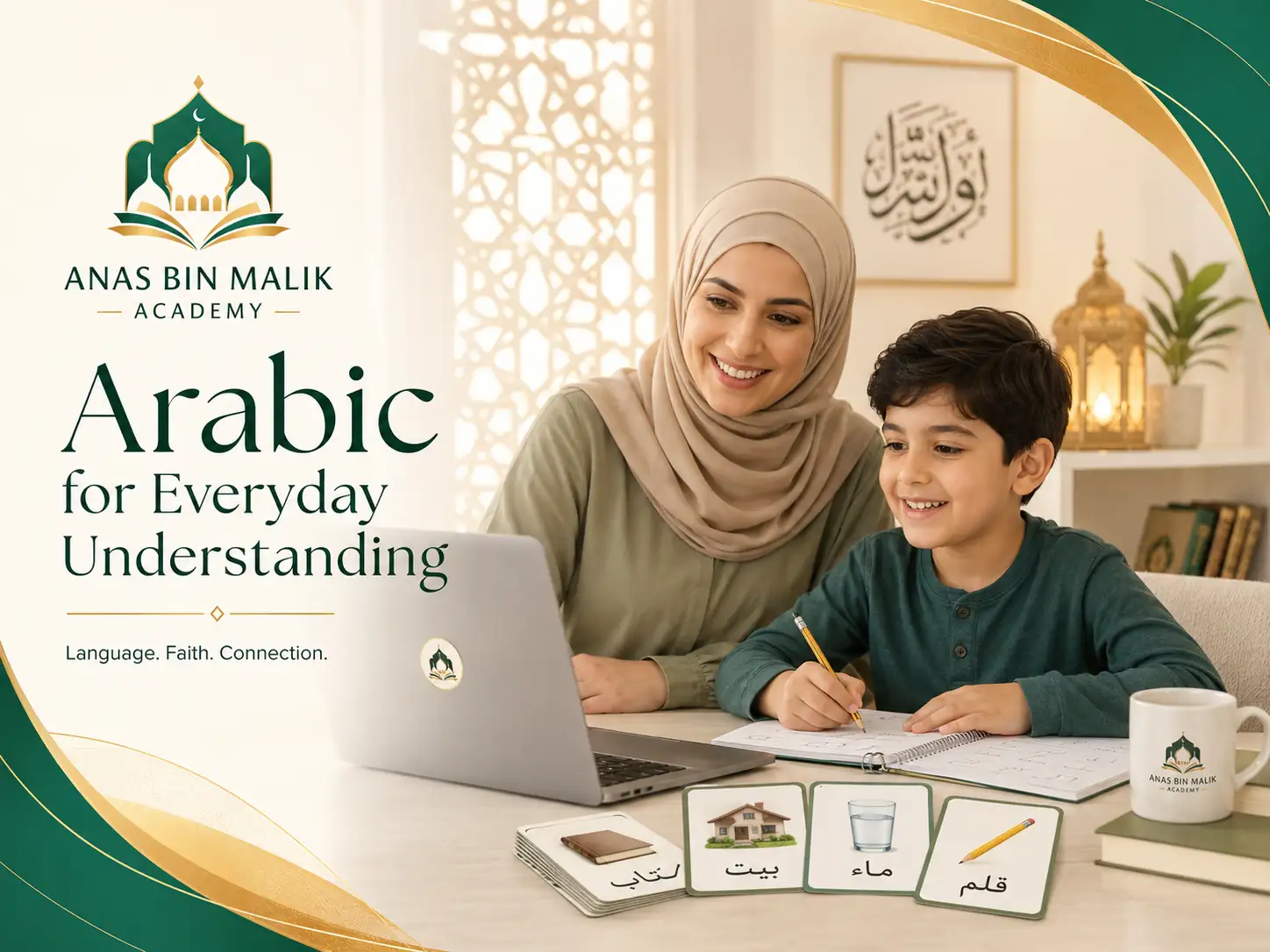 Muslim family and child enjoying Arabic learning together at home