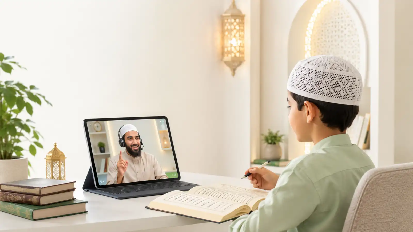 Muslim learner beginning Arabic letters and sounds in a calm live online class at home