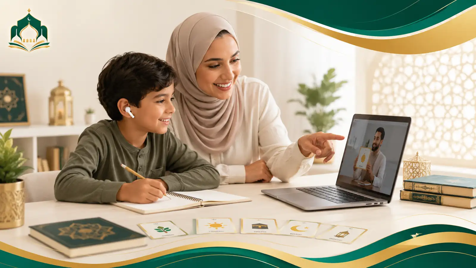 Muslim learner building Arabic vocabulary through a live online class at home