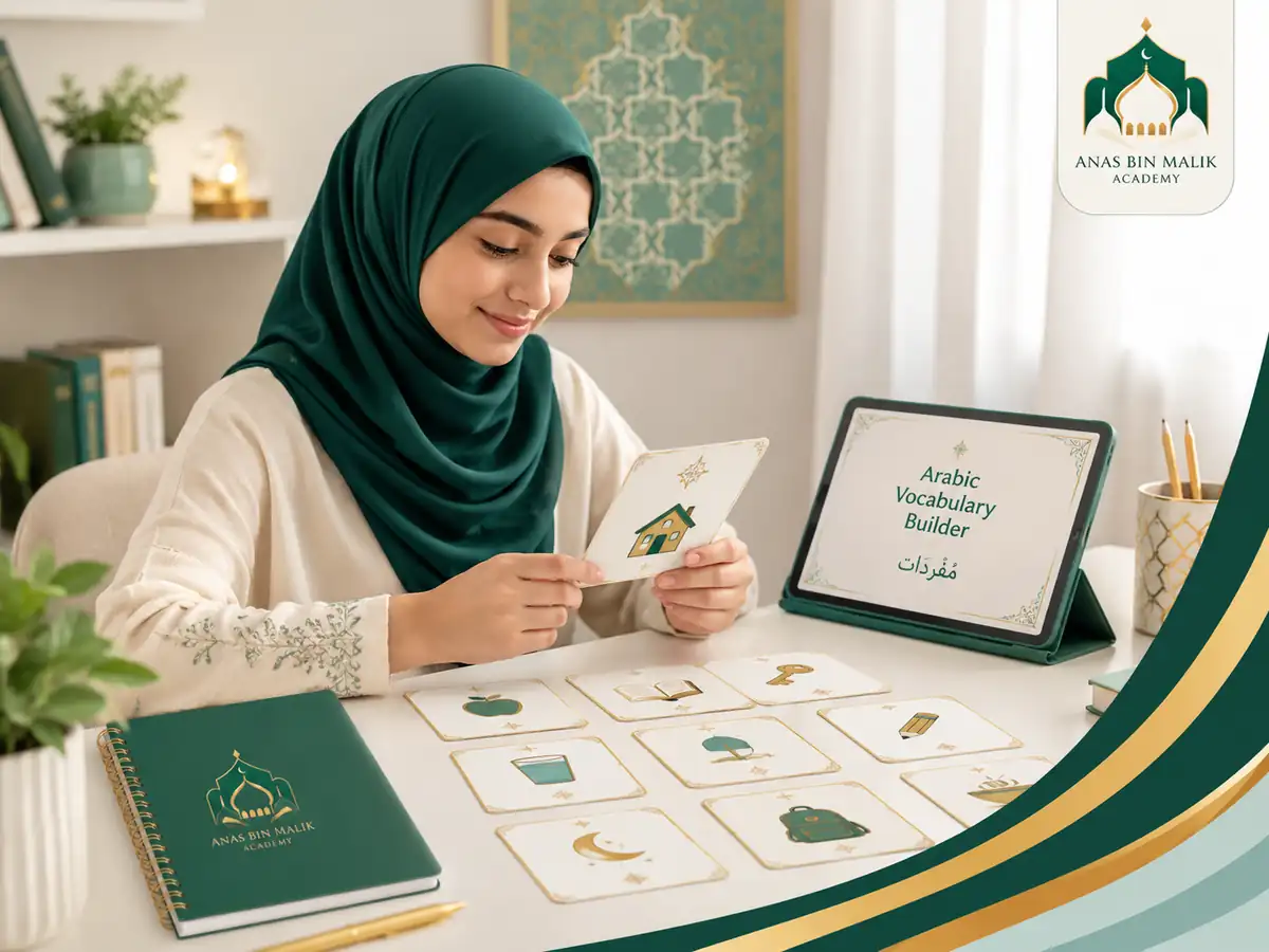 Muslim child using visual Arabic vocabulary cards during an online lesson