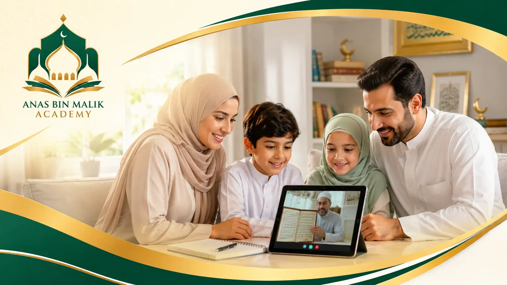 Muslim family enjoying a calm online learning moment at home