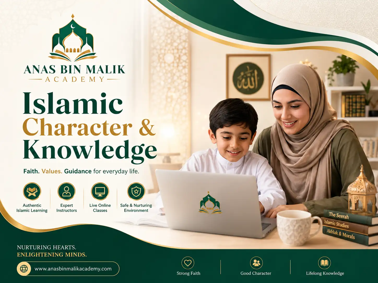 Muslim family learning Islamic values and character together in a warm home setting