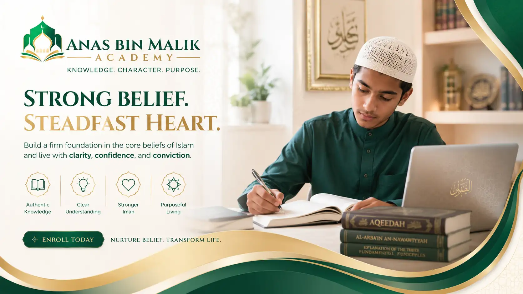 Muslim learner exploring core Islamic beliefs through calm guided learning