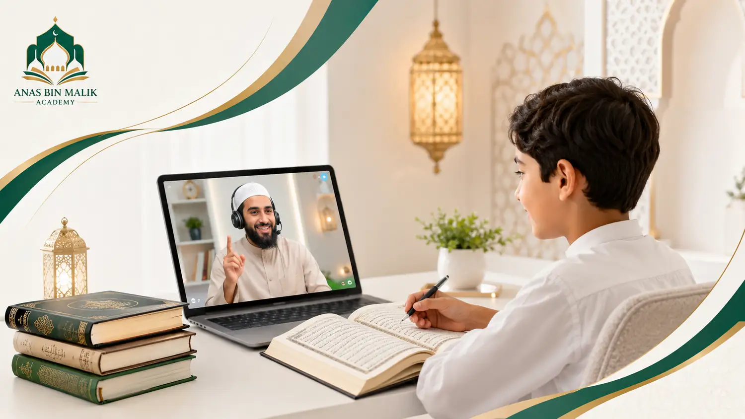 Muslim learner receiving live teacher feedback during an online Quran and Arabic lesson