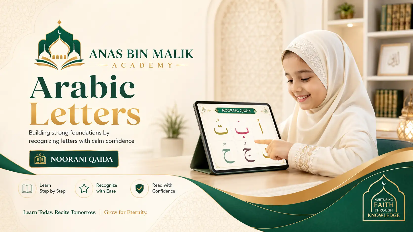 Muslim learner exploring Arabic letters through Noorani Qaida with online teacher guidance