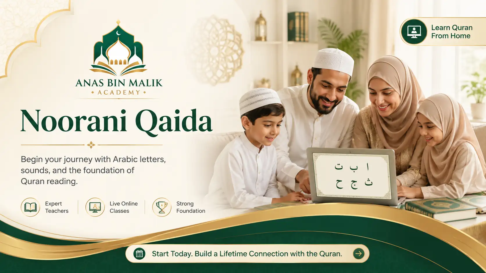 Muslim learner beginning Noorani Qaida in a calm live online Quran lesson at home