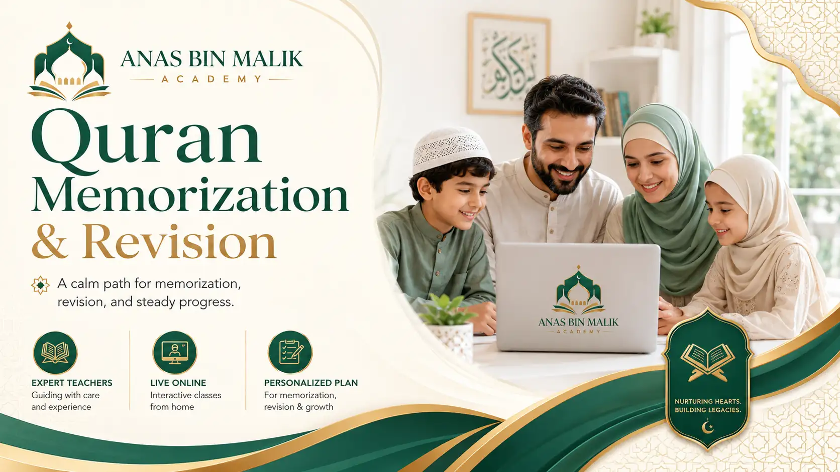Muslim learner memorising Quran calmly during a live online lesson at home