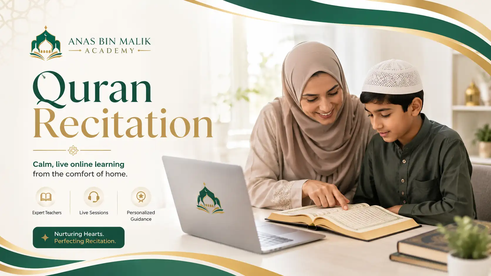 Muslim learner reciting Quran in a calm live online lesson at home