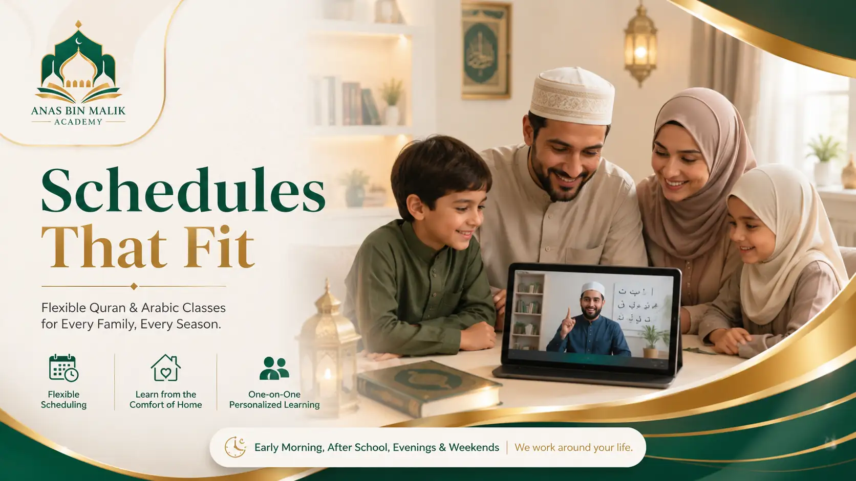 Muslim family joining a calm online class at a suitable time