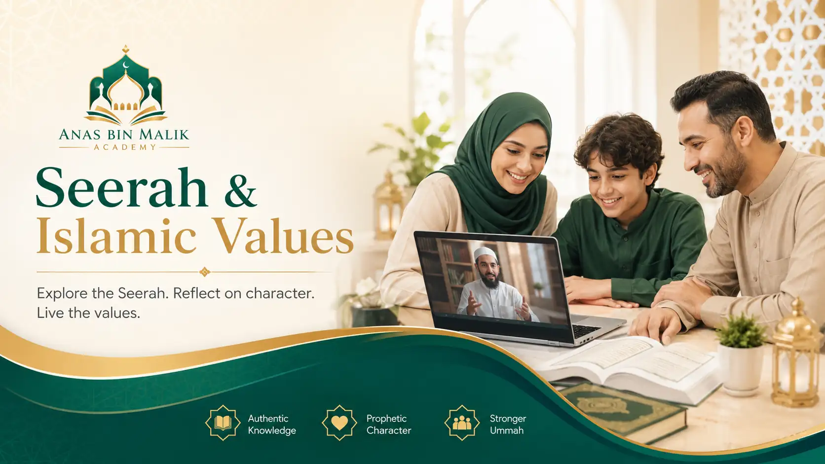 Muslim family learning Seerah and Islamic values together in a warm home setting