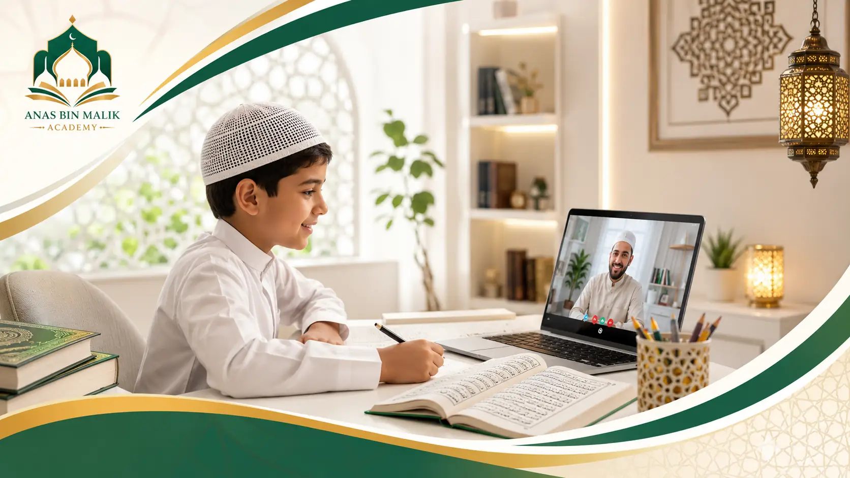 Muslim learner making steady progress through a calm live online class at home