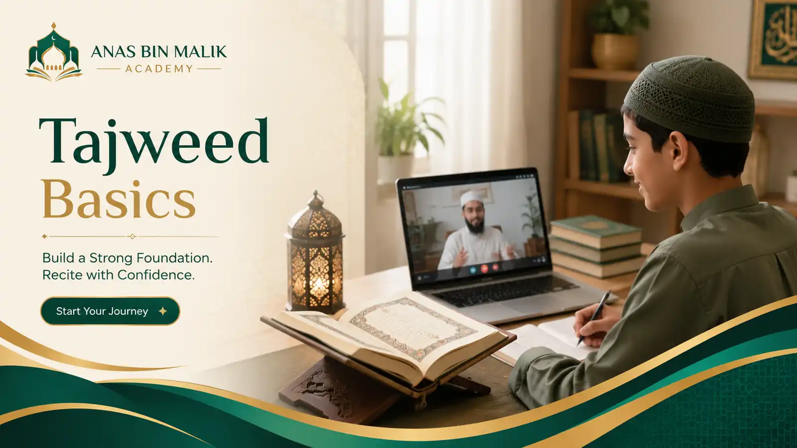 Muslim learner beginning Tajweed basics during a calm live online Quran lesson