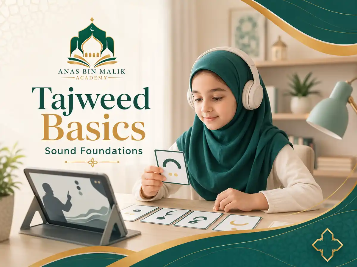 Muslim learner listening to Quran sounds and building Tajweed foundations